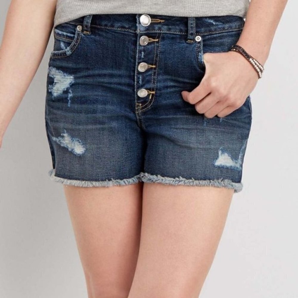Dark Blue High Rise Distressed Button Fly Shorts 4